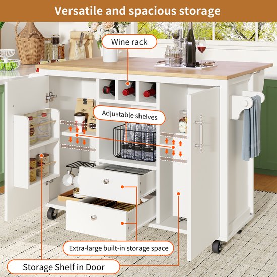 Witte keukenkast met houten blad, open deuren, wijnrek, mand met flessen, lades en opbergvakken.