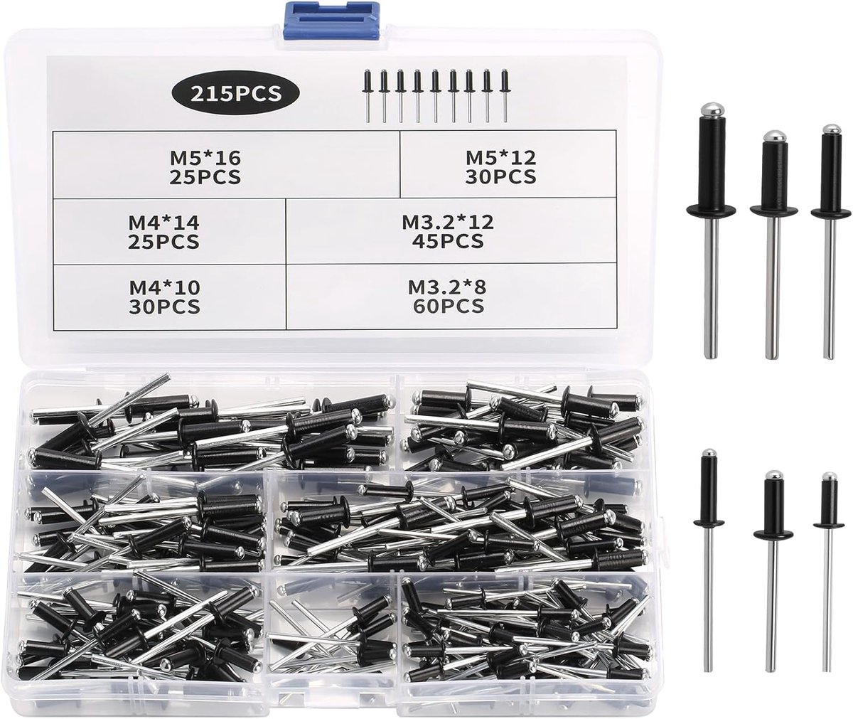 215-delige Aluminium Popnagelset - Zwarte Aluminium Blindnagels met Grote Flens voor Blindklinknageltangen - Metaal - Meubels - Maritiem (3,2/4/5 mm) x (8/10/12/14/16 mm)