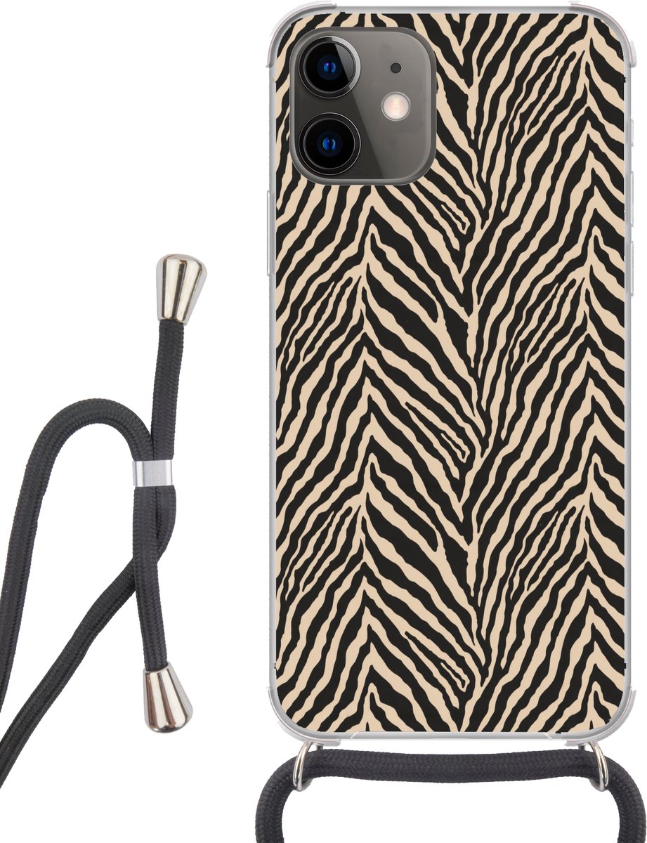 Telefoonhoesje Geschikt voor iPhone 12 Mini - Zebra - Klassiek - Zwart - Siliconen - Crossbody - Backcover met Koord - Telefoonhoesje met koord - Hoesje met touw Telefoonhoesje