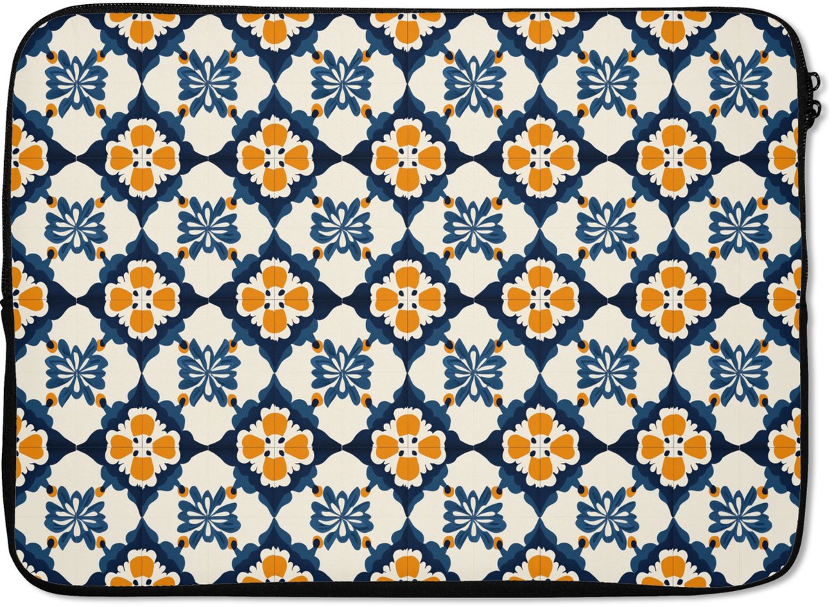 Laptophoes 14 inch - Klassiek - Geometrisch - Blauw - Laptop sleeve - Binnenmaat 33x23 cm - Zwarte achterkant