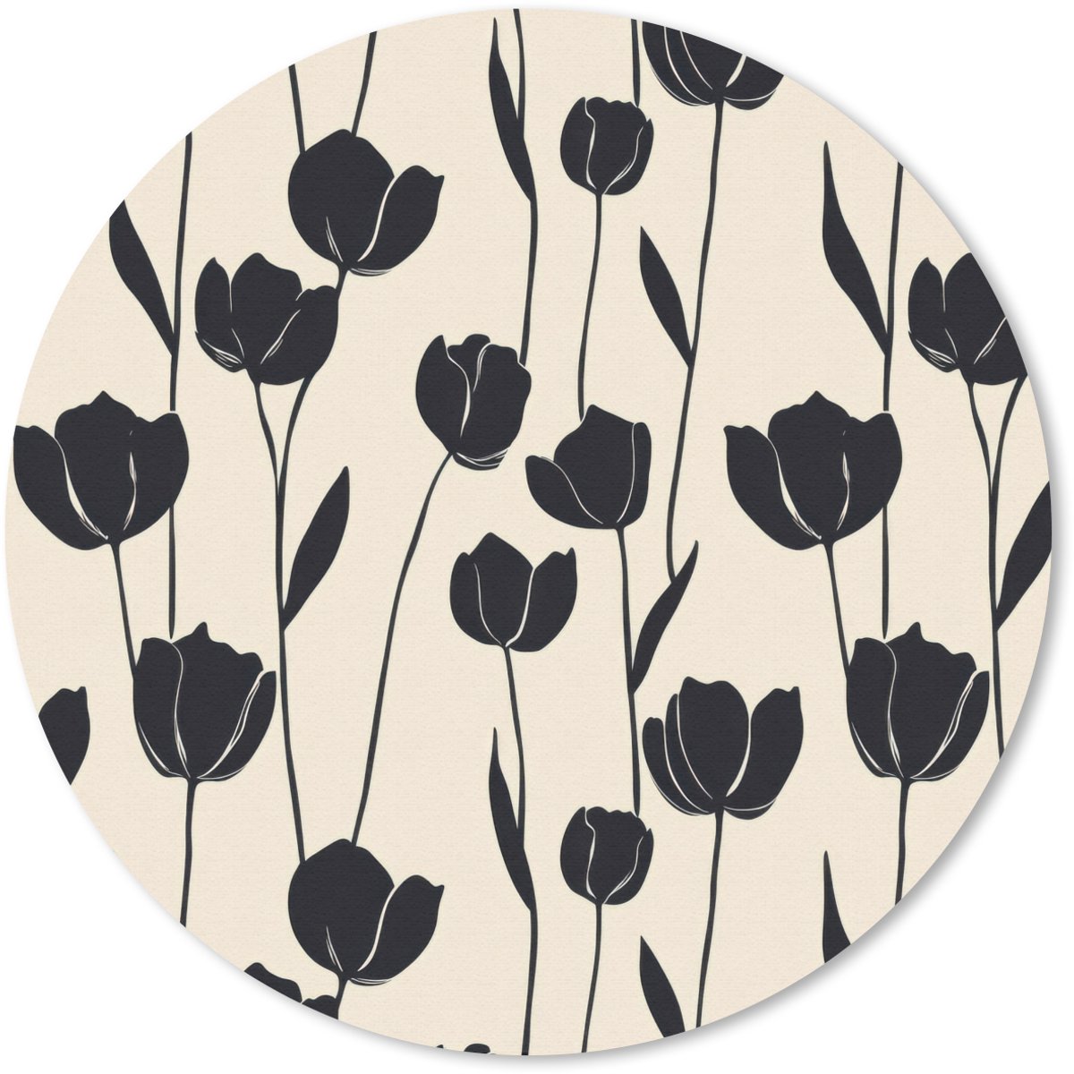 Muismat rond 40x40 cm - Mousepad Tulpen - Patroon - Zwart - Ronde muismatten