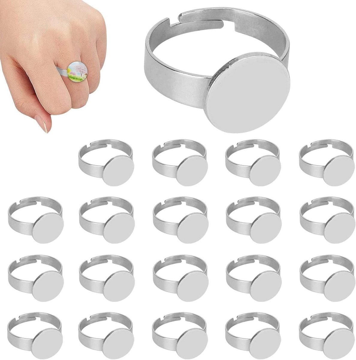 Set van 20 Verstelbare Ringen van RVS, 12mm Basisringen voor DIY Sieraden Maken, Lege Ringonderdelen en Creatieve Projecten