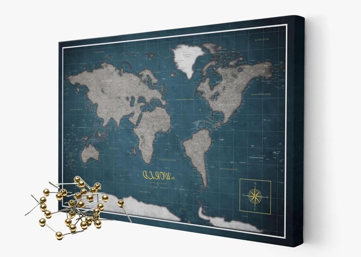 Wereldkaart Prikbord - Wandkaart Reizen - Reizen Markeren - Met Gouden Pins - 60 x 40 cm - Old Map