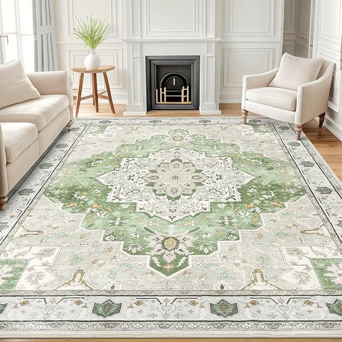 Olanly Woonkamerkleed - Zacht Bloemmotief Tapijt - Machinewasbaar Vintage Tapijt - 153x213 cm - Rechthoekig - Lichtgroen