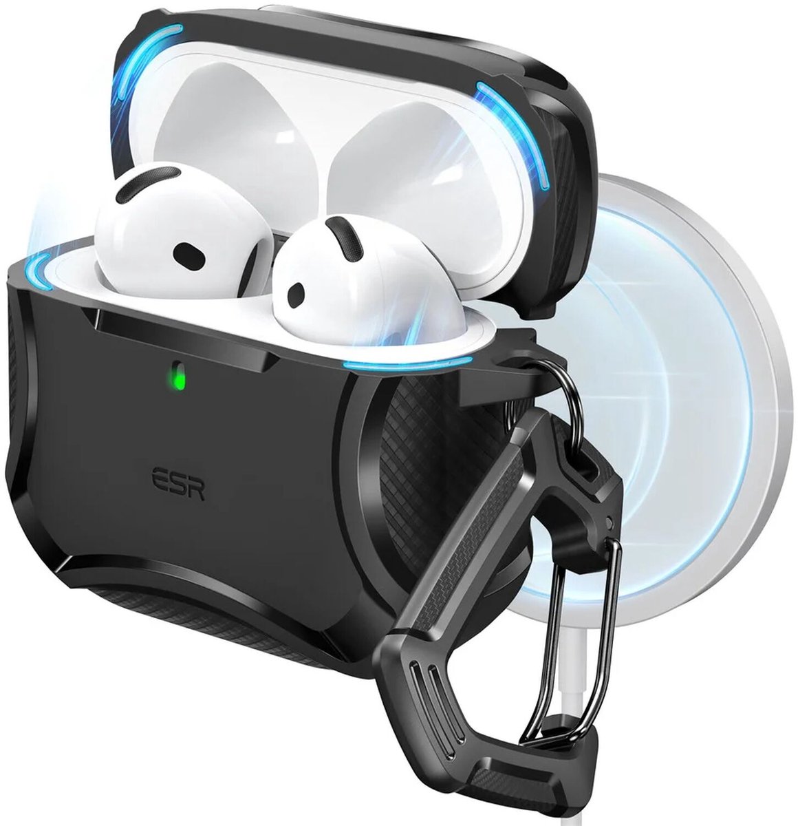 ESR Halolock Cyber Tough Hoes Geschikt Voor AirPods 4 (AirPods 4e Generatie) (2024) - Magsafe - Karabijnhaak - Zwart