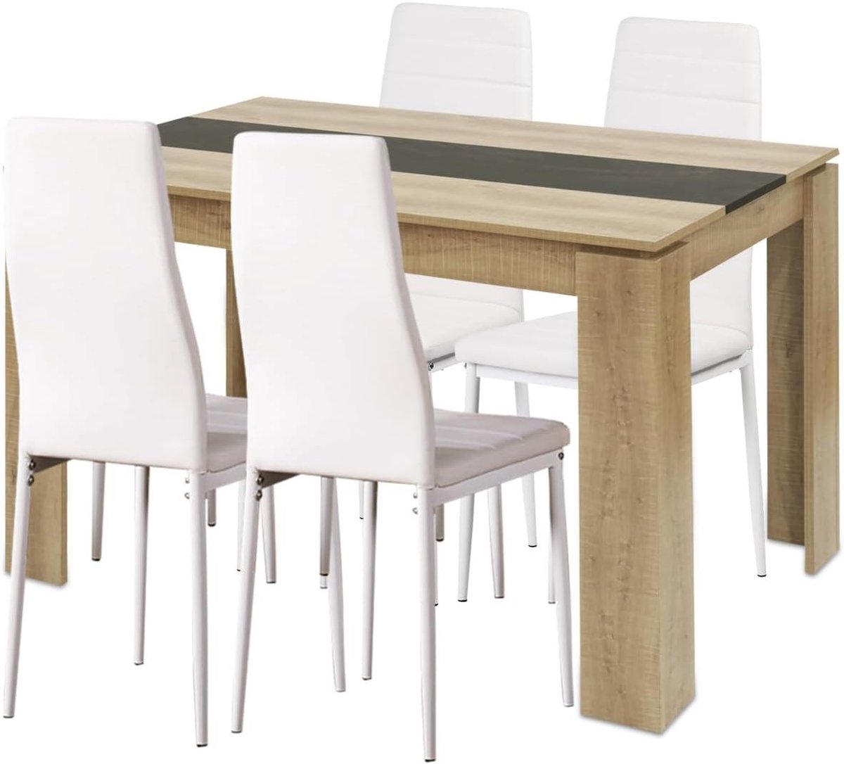 Eetkamer Set - Eettafel met Stoelen - Samen Eten - Eikenhouten Tafelblad - 110x70cm Tafel - 4 Witte Stoelen