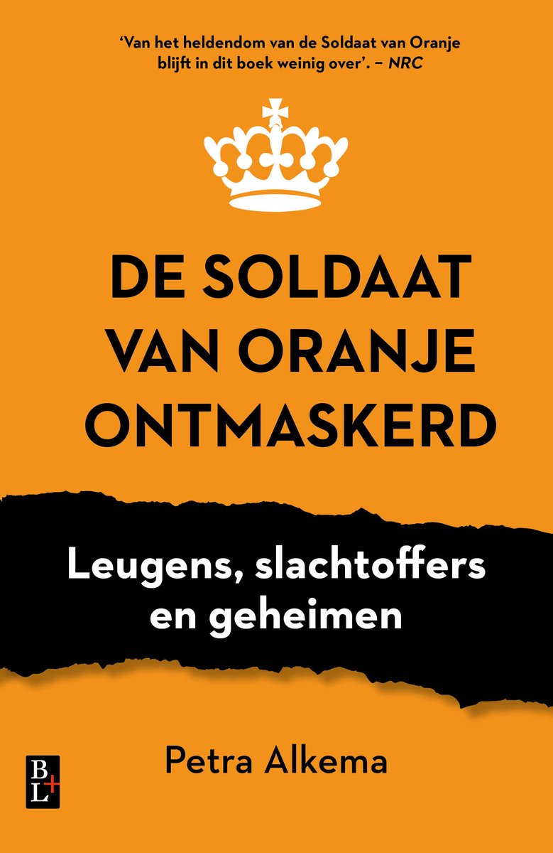 Boek "De Soldaat van Oranje ontmaskerd" met kroon en oranje achtergrond.