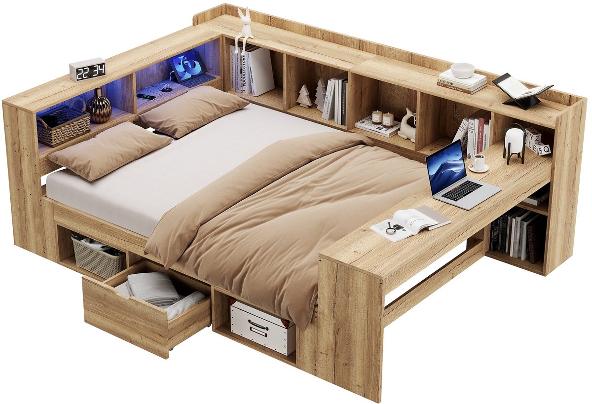 Merax Bed met Opbergruimte 140x200 cm - Kinderbed met Bureau - LED Verlichting - USB en USB-C - Houtkleur