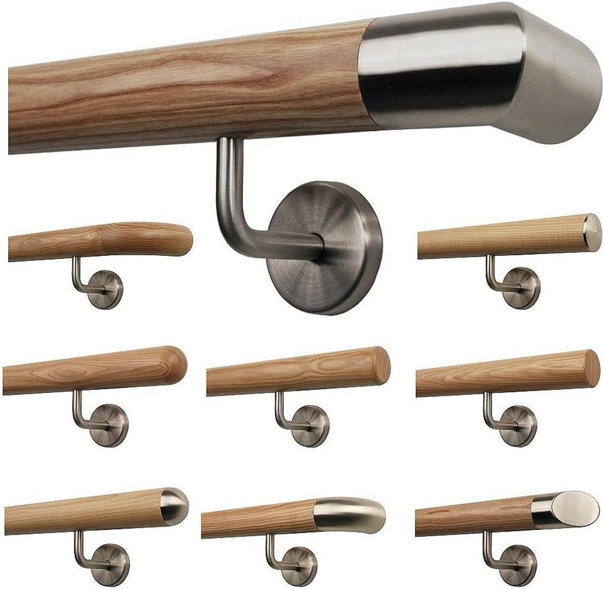 Essenhouten Leuning - Trapleuning Set - Veiligheid Binnenshuis - Met Roestvrijstalen Houders - 30-500 cm - Natuurlijk Hout
