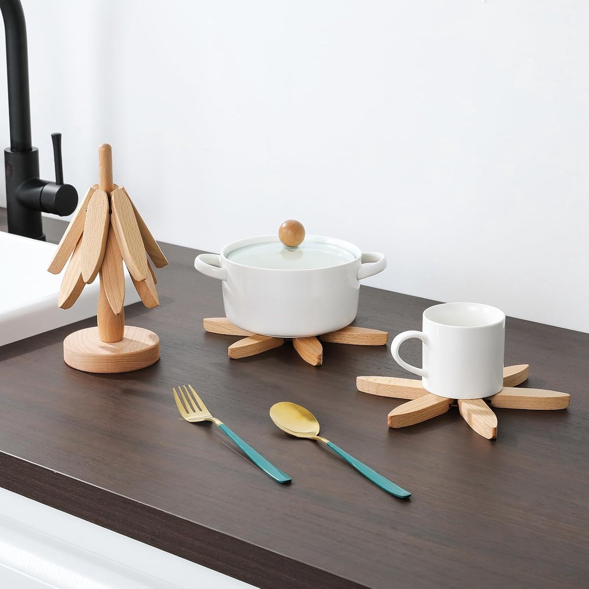 Houten onderzetters - Set van 3 - Warme gerechten - Boomvorm ontwerp - 216 cm - Beukenhout