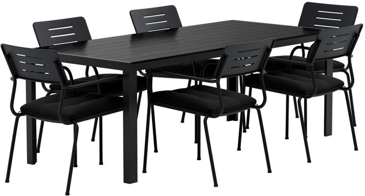 Svea - Reginald rechthoekige tuintafel - zwart + 6x Ahmad tuinstoelen - zwart