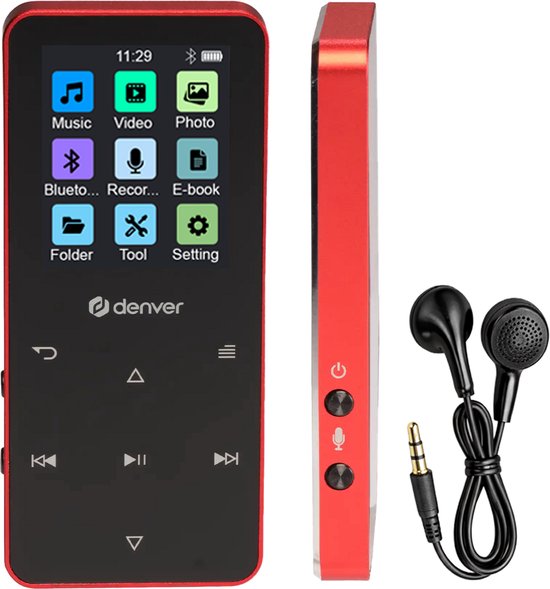 Denver MP3/MP4 Speler – Bluetooth – Shuffle/Repeat – SD kaart tot 128GB – Incl. oordopjes – Dictafoon – MP1830R – Rood