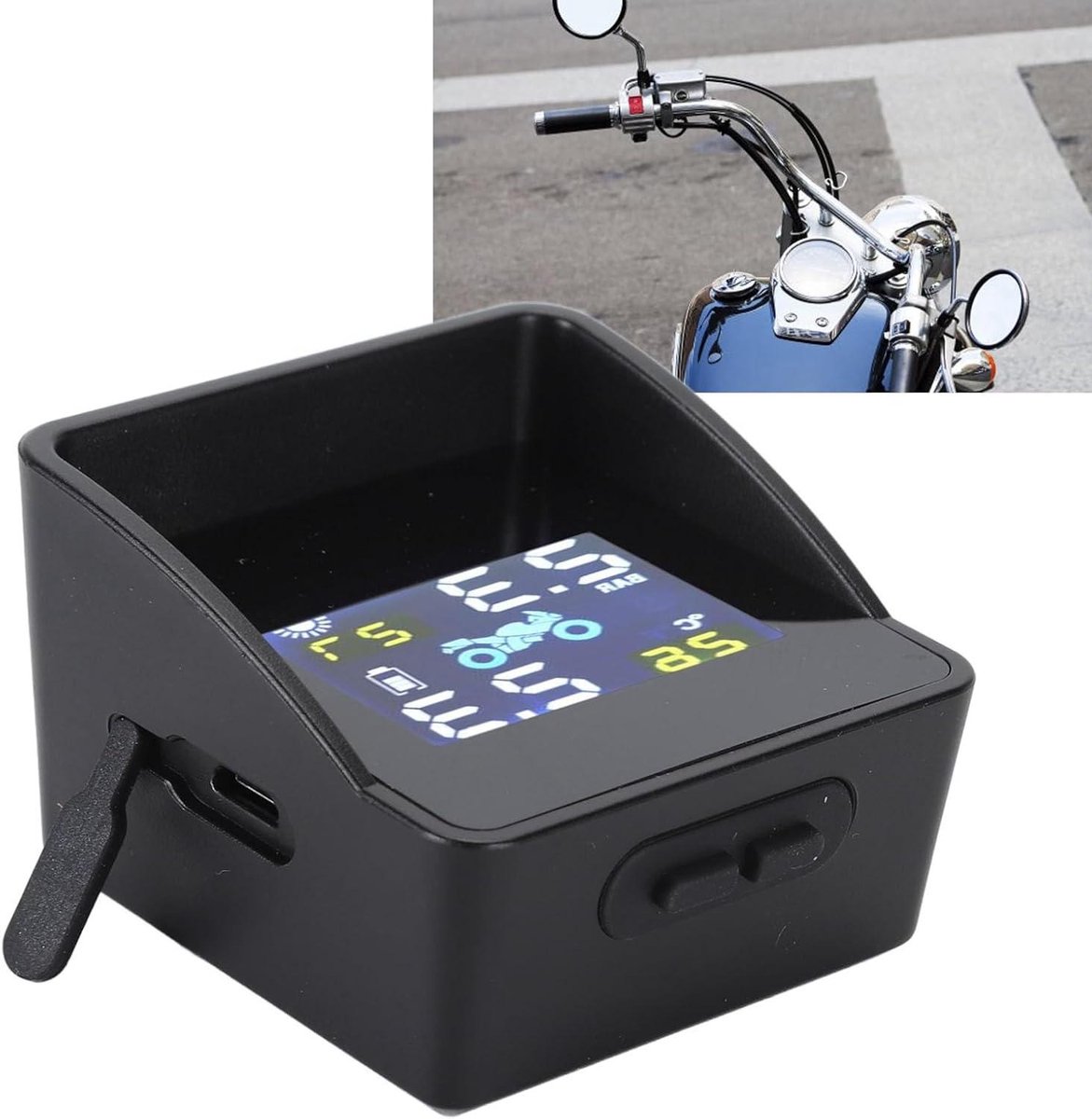Bandenspanningscontrole Motor - TPMS Sensor Systeem - Veilige Rit - Solar & USB Opladen - 2 Externe Sensoren - Zwart