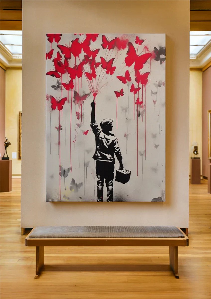 Yourwallarts.com - Wandpaneel - Canvas - Jongen met Vlinders Silhouet Streetart Schilderij