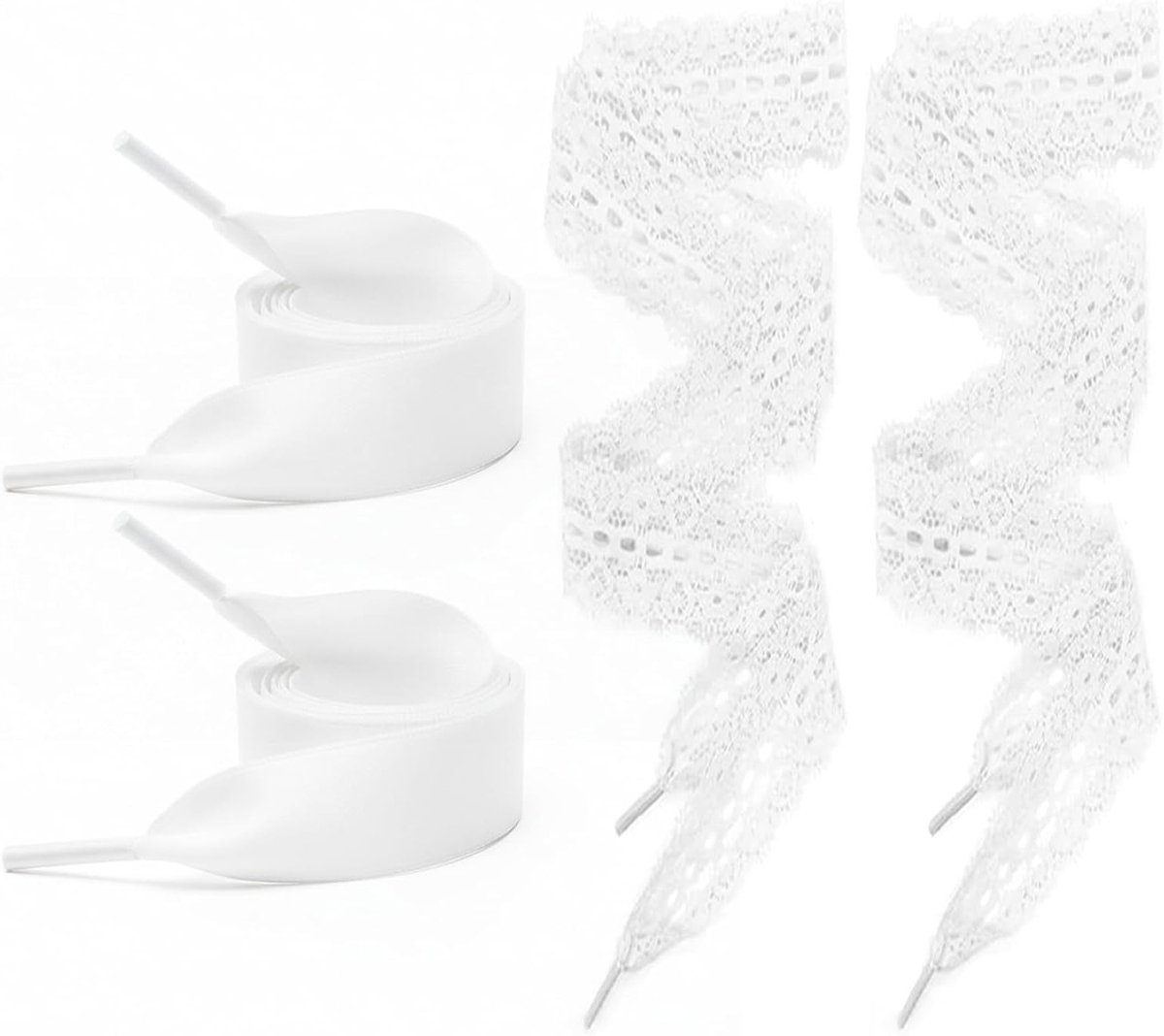 Elegante Witte Satijnen Veters voor Dames - 4 Paar Brede Bloemmotief Laces voor Sport- en Gym Schoenen, 1.4m Lang
