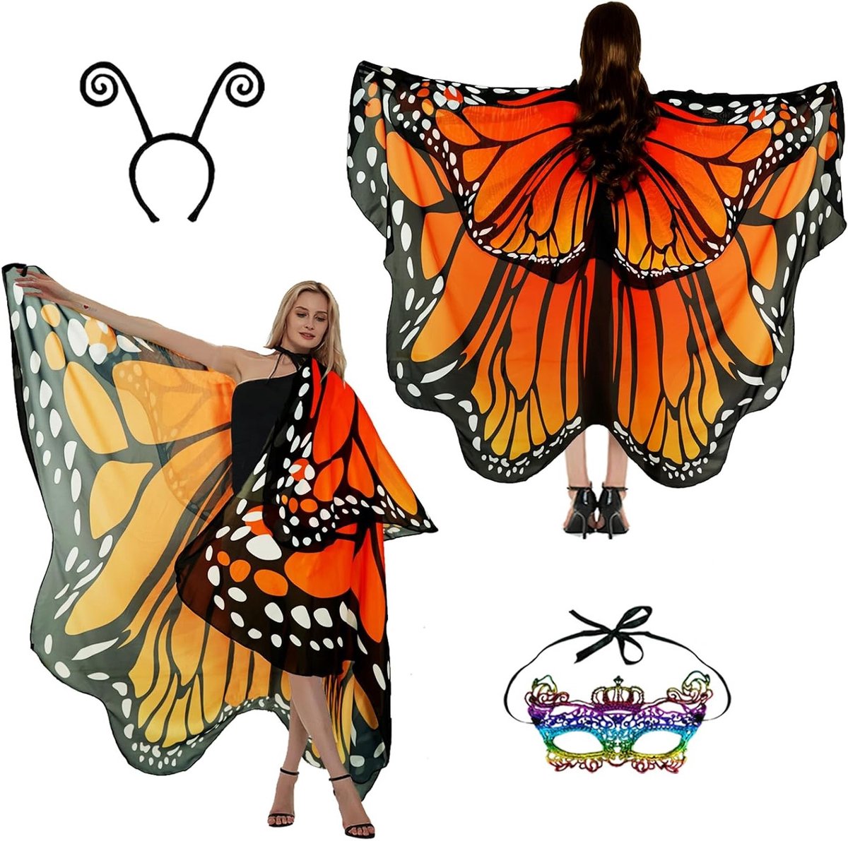 Vrouwelijk vlinder kostuum met vleugels, cape en accessoires voor carnaval en feesten, inclusief masker en antennes