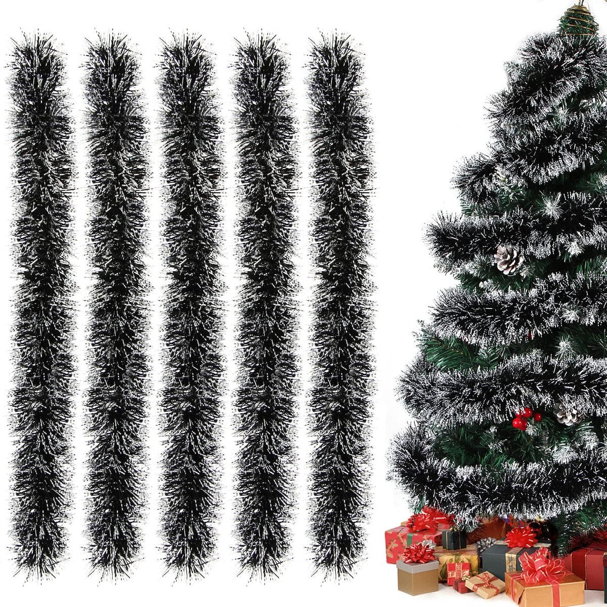 ONF3 - Lametta Kerstguirlande - Decoratie voor Feesten - Zwart - Glanzende Kerstgarland - Perfect voor Kerstboom - 10 Meter