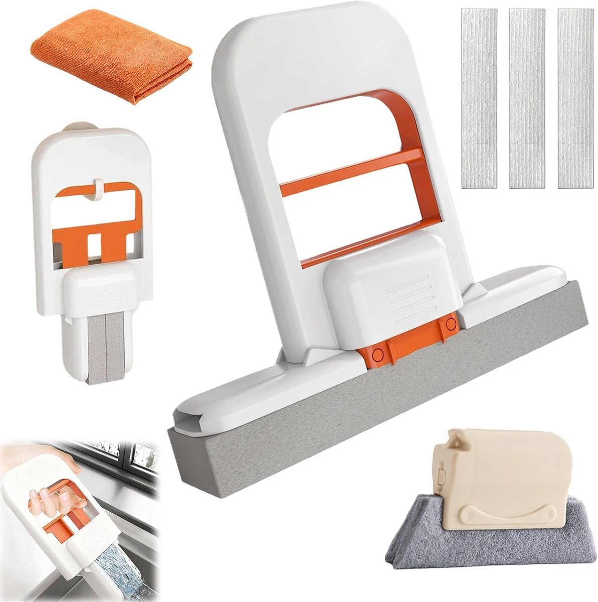 Mini mop met zelfuitwringing en 2 extra sponzen | Inclusief oranje microvezeldoek en raamrailsreiniger | Vouwbare tafelwisser voor keuken, badkamer, auto en ramen