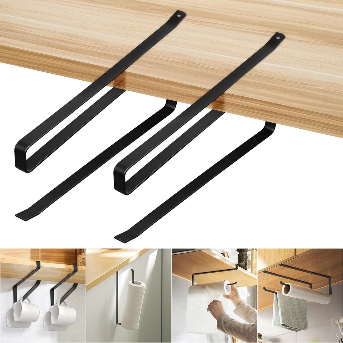 Sopalin Wandhouder voor Keukenrollen - Set van 2 Z-vormige Rollenhouders zonder Boren voor Keuken en Badkamer (Zwart)