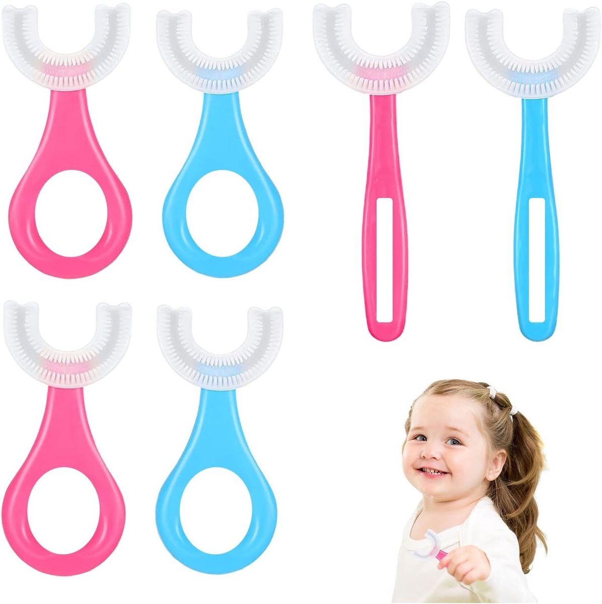 Set van 6 U-vormige Kindertandenborstels, Voedselveilige Siliconen Borstelkop, 360° Mondverzorging voor Baby's en Kinderen