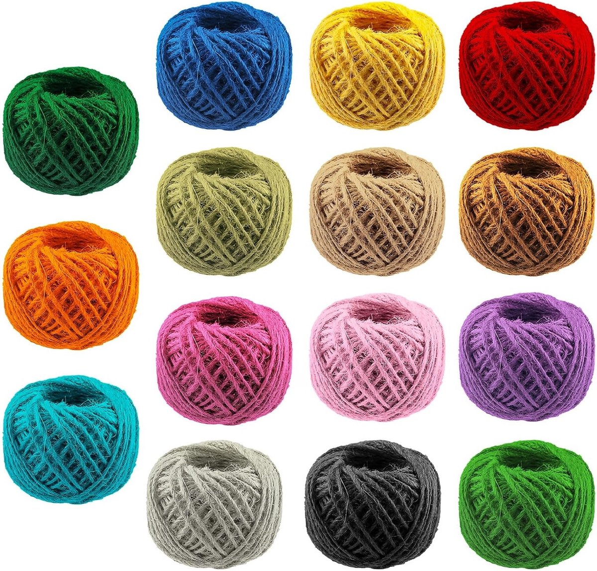 Kleurvolle Jute Touw Set van 15 Stuks, 2mm Dikte voor Cadeauverpakking, Planten Hangen, DIY Creaties en Kerstdecoratie