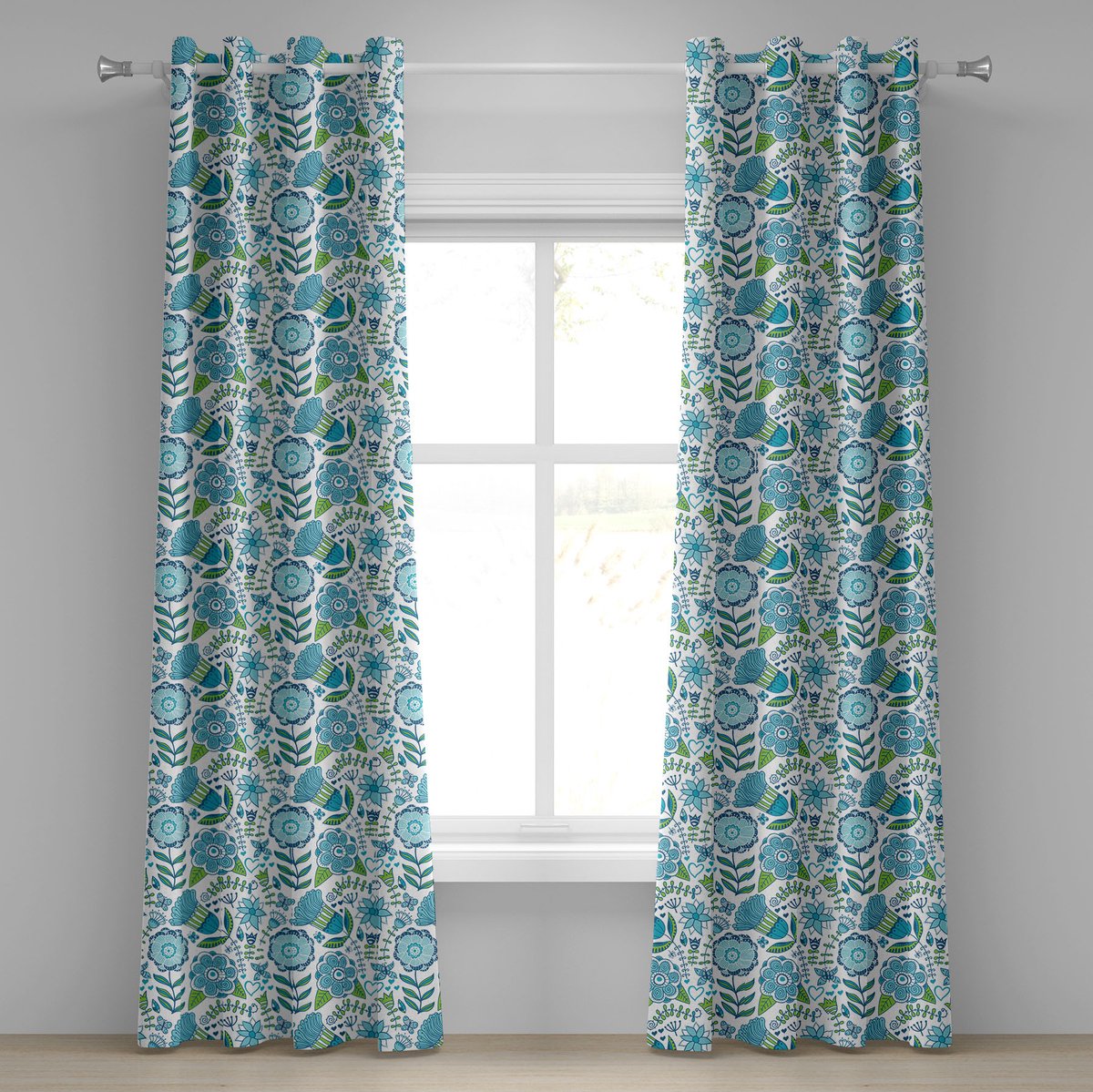 ABAKUHAUS blauw en groen oogjesgordijn, decoratieve 2-panelige raamgordijnen voor de slaapkamer en woonkamer, 280 cm x 175 cm, groen wit-blauw Groen, wit, blauw