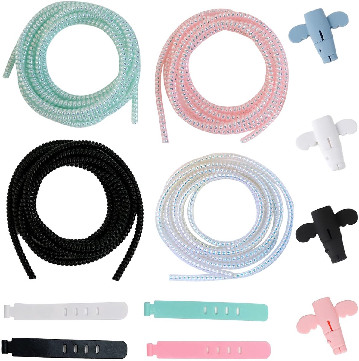 aladdien - Kabelbeschermset - Organisatie - Spiral Cable Wraps - 4 Stuks - Silicium Charger Protectors - 4 Stuks - Kabelbinders - 1.4m