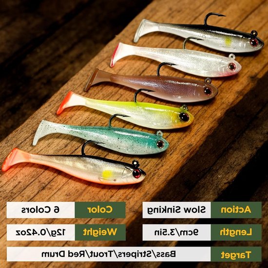 6 stuks Pre-Rigged Zacht Plastic Kunstaas voor Vissen, 9cm Paddle Tail Swimbaits, Jerk Aas voor Bas, Forel en Roodbaars in Zoet- en Zoutwater — afbeelding 5