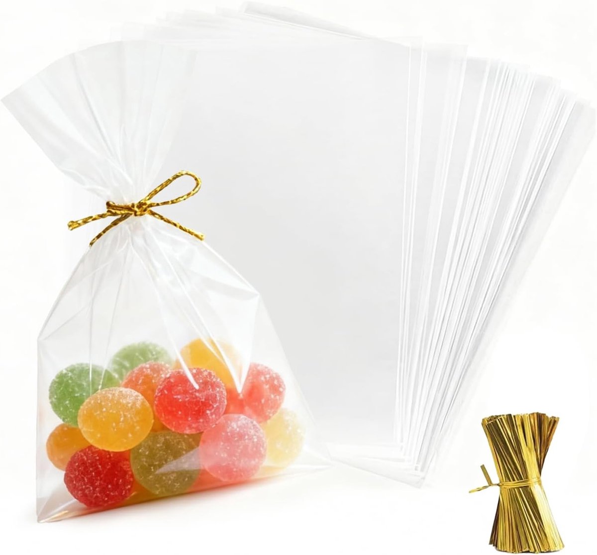 Transparante plastic zakken 13 x 18 cm, 120 stuks, voor snoep, chocolade, koekjes en cadeaus met 200 metalen linten