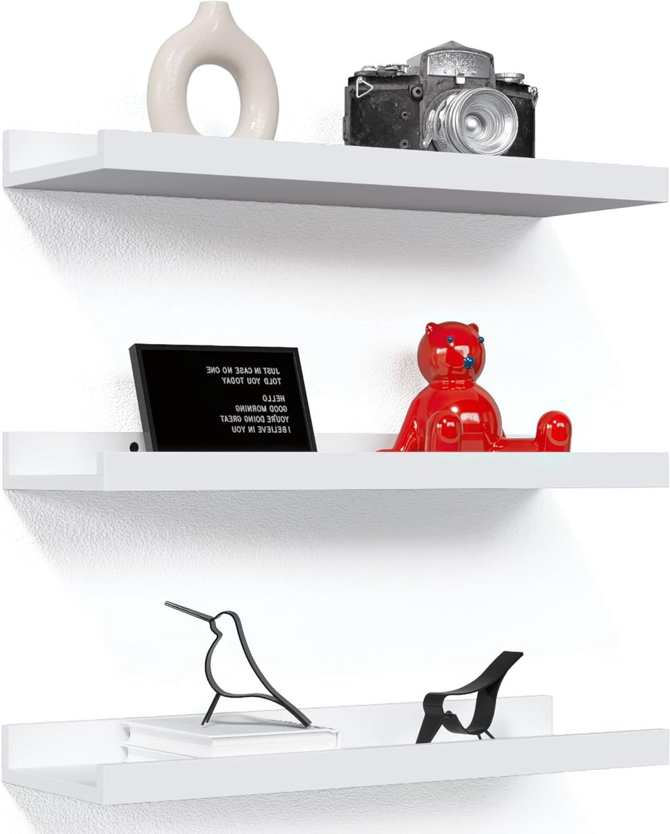 Set van 3 Witte Zwevende Planken, Wandplanken voor Wanddecoratie, Fotoplank met Lip voor Opberging in Kinderkamer, Slaapkamer, Woonkamer en Badkamer - Wit