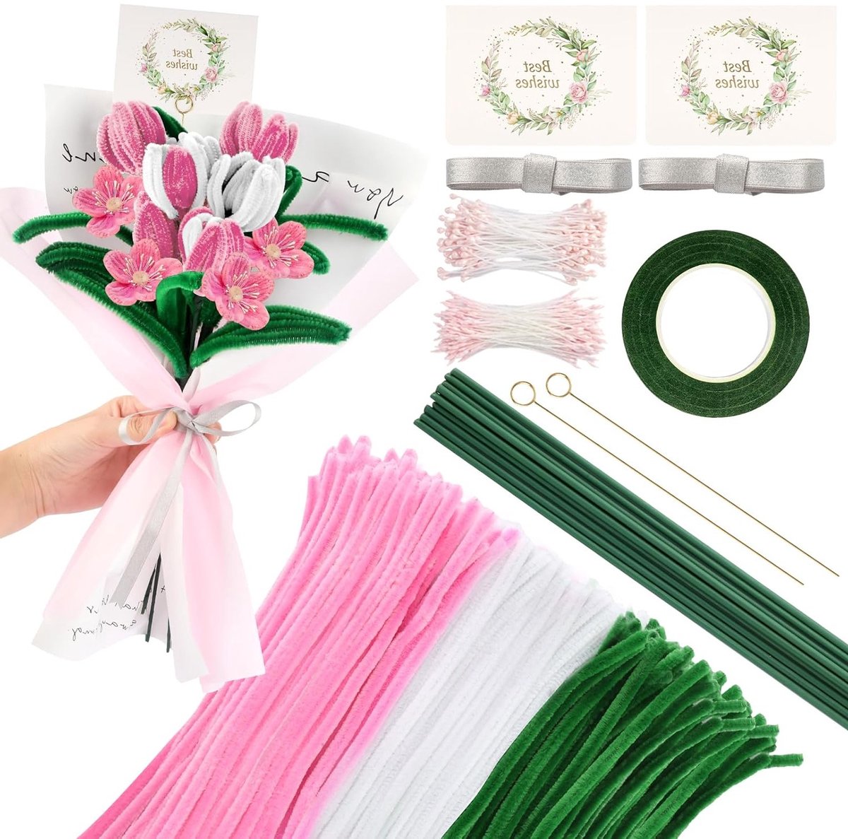 Set van 300 Pijpenragers in Wit, Roze en Groen voor Creatieve Knutselprojecten, Bloemstukken en Decoraties