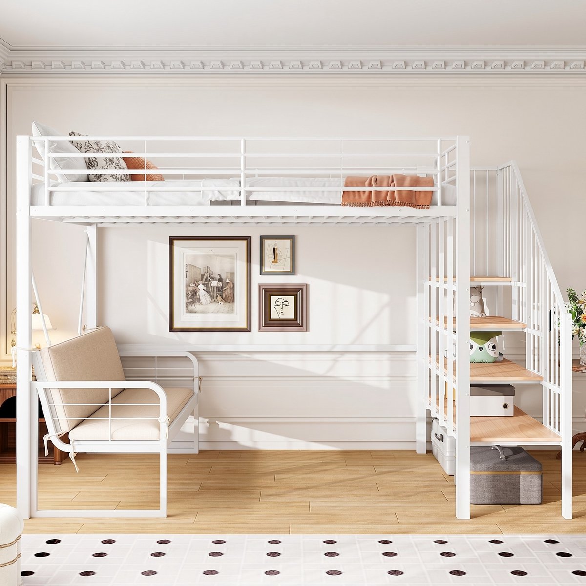 VVBV Stapelbed 140x200 / Stapelbed met opbergruimte / Stapelbed met trap – met Ladder – Metaal – Wit – Kinderstapelbed met Opbergtrap en Opbergruimte
