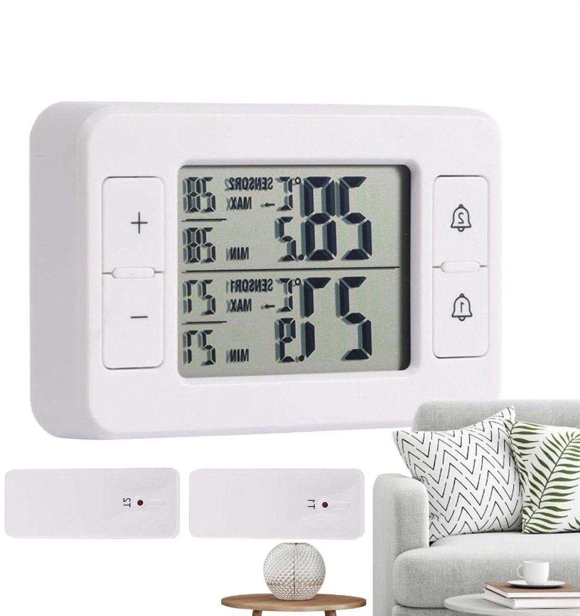 Koelkast Temperatuur Meetinstrument - Digitale Vriezer Thermometer - Temperatuur Bewaken - Draadloze Dubbele Sensoren - 100 Meter Bereik - Wit