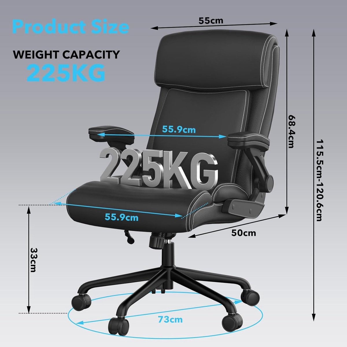 Ergonomische Directiestoel Big & Tall – House&Garden Luxe Bureaustoel van PU-Leder met Hoge Rugleuning, Verstelbare Hoogte, Kantelfunctie & Opklapbare Armleuningen – Computerstoel & Gaming Stoel tot 200 kg – Zwart
