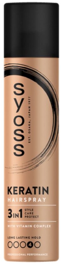 Syoss Keratin Haarspray. Gouden spuitbus met zwarte dop op witte achtergrond. Met 3-in-1 formule.