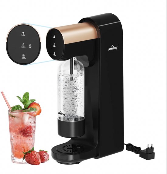 Zwarte Homelux sodamaker met gouden bovenkant, met drankje en fruit.