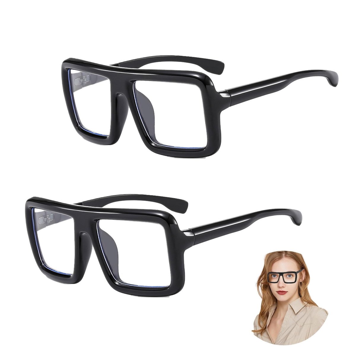 Dailygoods- Retro Bril - Oversized Montuur - Dikke Zwarte Monturen - Heldere Lens - Vierkante Glazen - Modeaccessoire - 2 Stuks - Nepbril