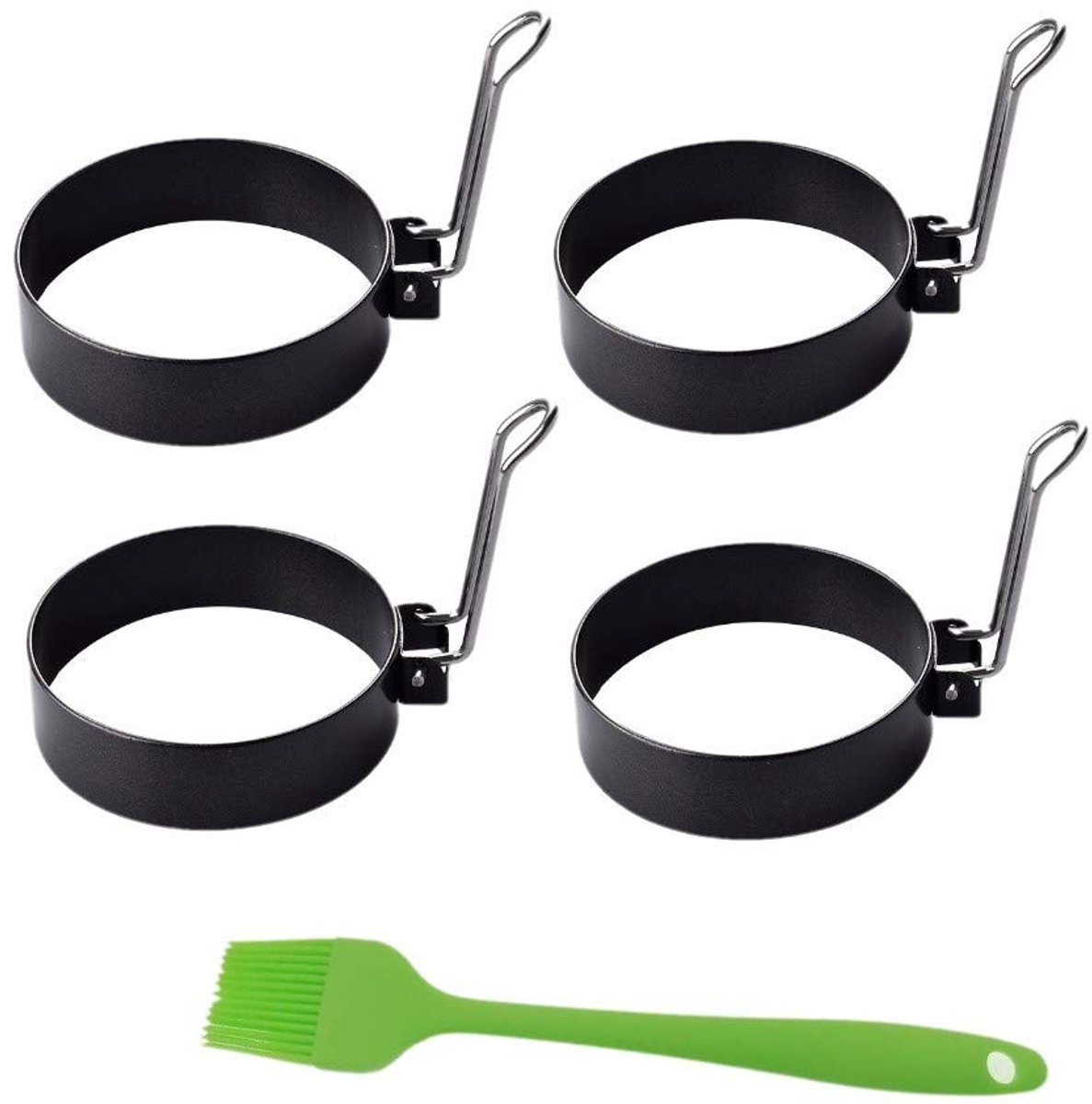 Dailygoods- Eiervormen 4 x Ronde Antiaanbaklaag - Metalen Eierringen - Siliconen Borstel - Multifunctioneel - Voor Pannenkoeken - Voor Gepocheerde Eieren - Eierring