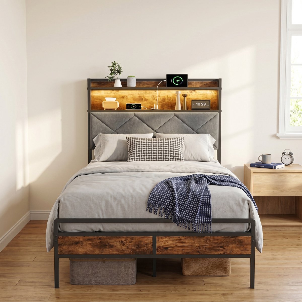 Eenpersoonsbed 90x200 cm met LED-Verlichting en USB-Poorten - Metaal en Hout - Industri毛le Stijl - Grijs en Bruin