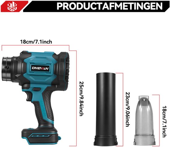Productafmetingen van de blauwe/zwarte bladblazer/stofzuiger en accessoires, inclusief centimeters en inches.