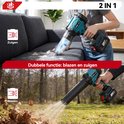 Collage toont 2-in-1 functie: vrouw zuigt bank schoon, man blaast bladeren buiten. Tekst: Zuigen, Blazen, Dubbele functie.