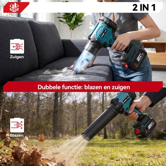 Collage toont 2-in-1 functie: vrouw zuigt bank schoon, man blaast bladeren buiten. Tekst: Zuigen, Blazen, Dubbele functie.