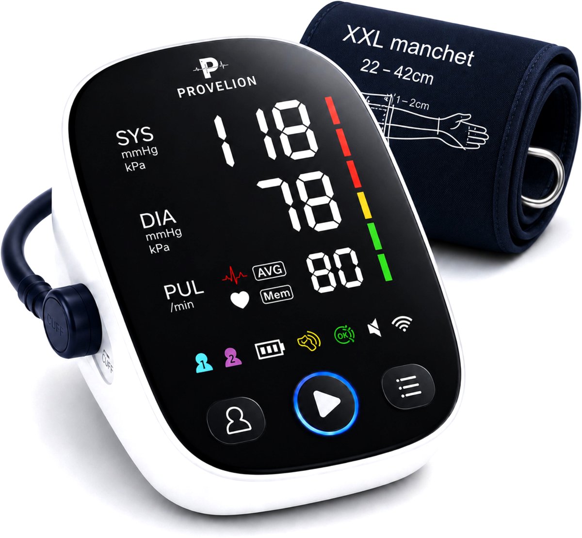 Provelion Bloeddrukmeter Bovenarm – XXL Manchet (22–42 cm) – Groot LED Display – WHO Kleurindicator – Onregelmatige Hartslag Detectie – 2 Gebruikers – Incl. Batterijen En Opbergtas – USB-C