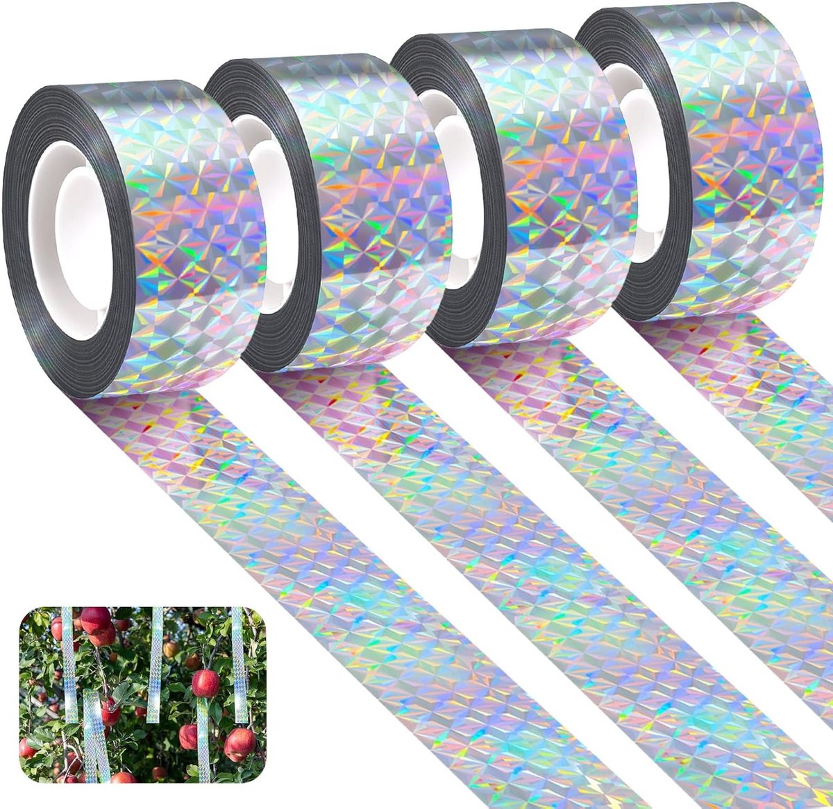 Reflecterende Vogelschrikband, 4 Rollen van 80m x 2.2cm, Effectieve Afschrikking voor Duiven, Sterren en Tuinbescherming voor Fruitbomen en Planten