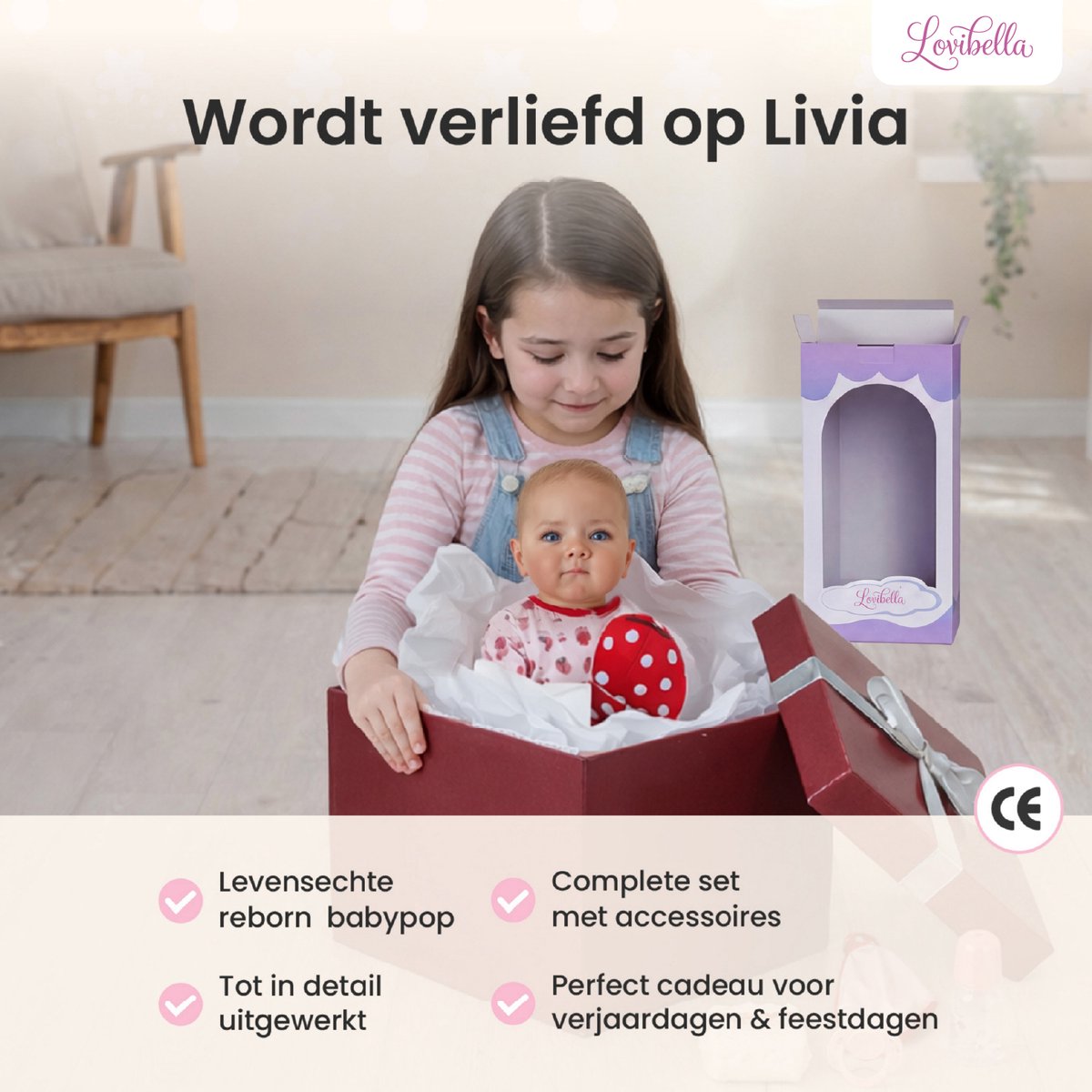 Lovibella® Livia Reborn Baby Pop Meisje - Levensechte Babypoppen - Dementie poppen - 45 cm - Complete Accessoires Set - Realistische Poppen - Zoals Echt - Zacht Vinyl - Doll Speelgoed 3 Jaar — afbeelding 8