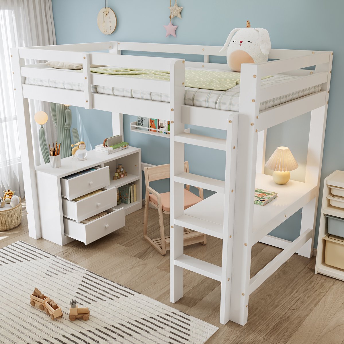 MODENUIT Hoogslaper 90x200 cm – Met Bureau en Ladekast – Opbergrek en Viertrapsladder – Kinderbed Zonder matras – Wit