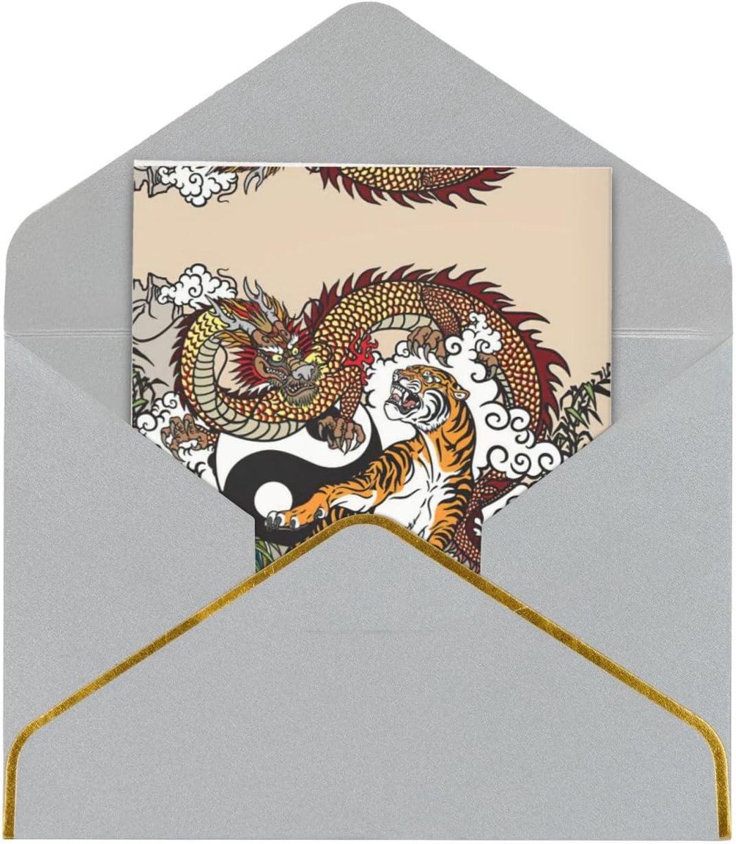 Kerstkaart Draak Tijger - Feestdagenkaart Wenskaart - Gezegend Wensen - Parelmoer Effect - 4.5 x 6.5 inch - Lichtgrijs