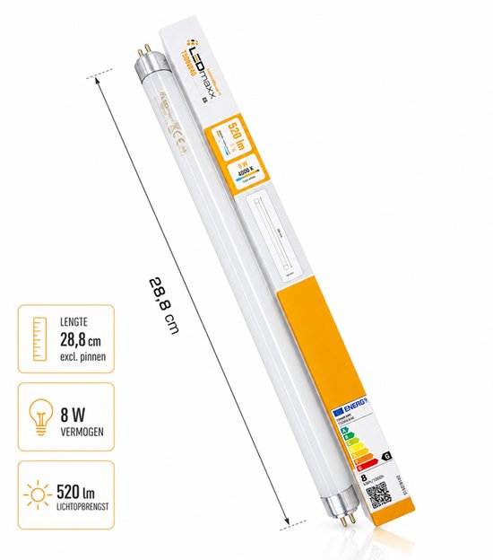 LED TL-buis T5 HE 28,8 cm, 8W, 520 lumen, 4000K, neutraal wit. Energieklasse G.