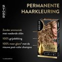 Syoss permanente haarkleur verpakking 8-50 NATUURLIJK ASBLOND, met model, gouden olie druppel.