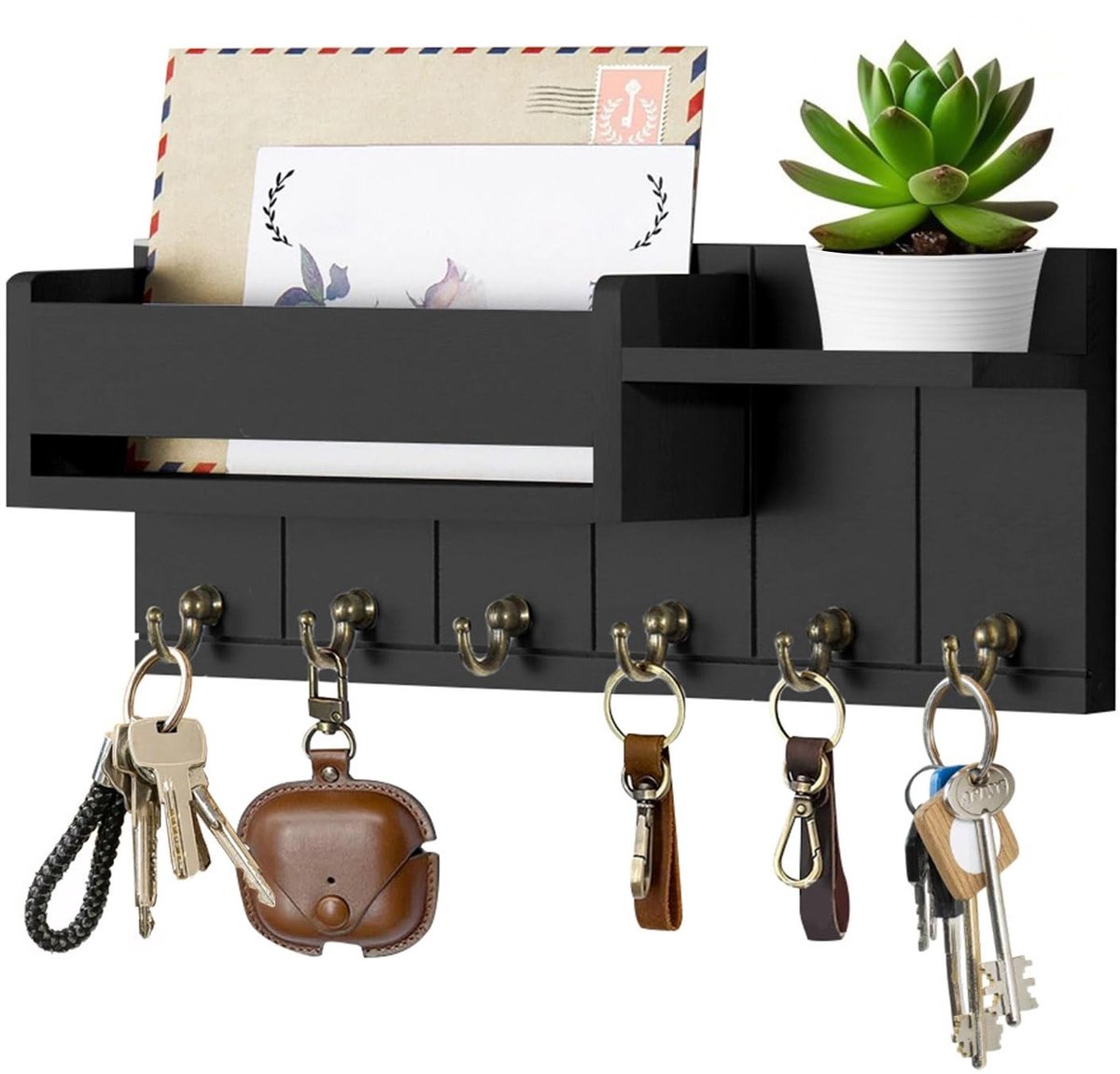 Dailygoods- Sleutelrek met plank - Sleutelkast zwart - Sleutelkast modern - Sleutelhouder muur - 6 Sleutelhaken - Voor woonkamer/keuken/kantoor/hal/slaapkamer
